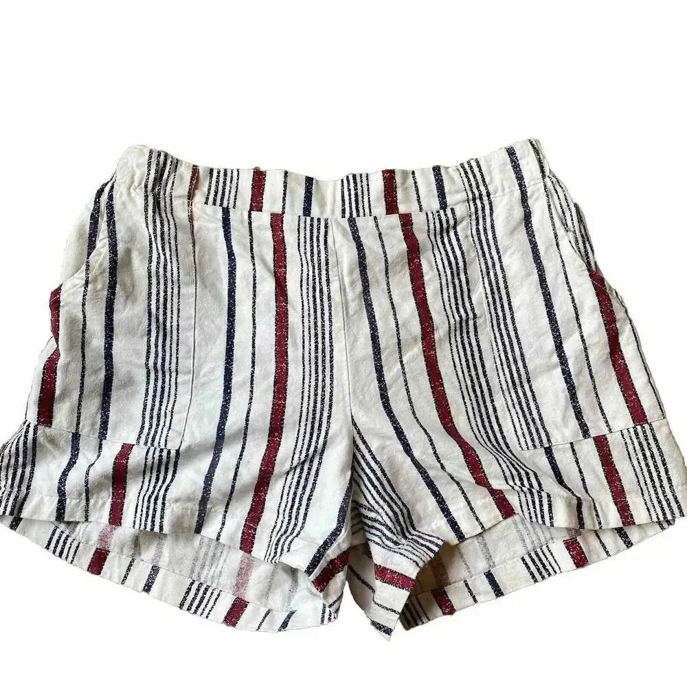 Love University Linen Blend Shorts Striped Pockets Beach Summer Casual Lady L